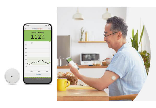 腕に装着したセンサーにより血糖値を持続的に測定できる医療機器、リブレ2の使用イメージ